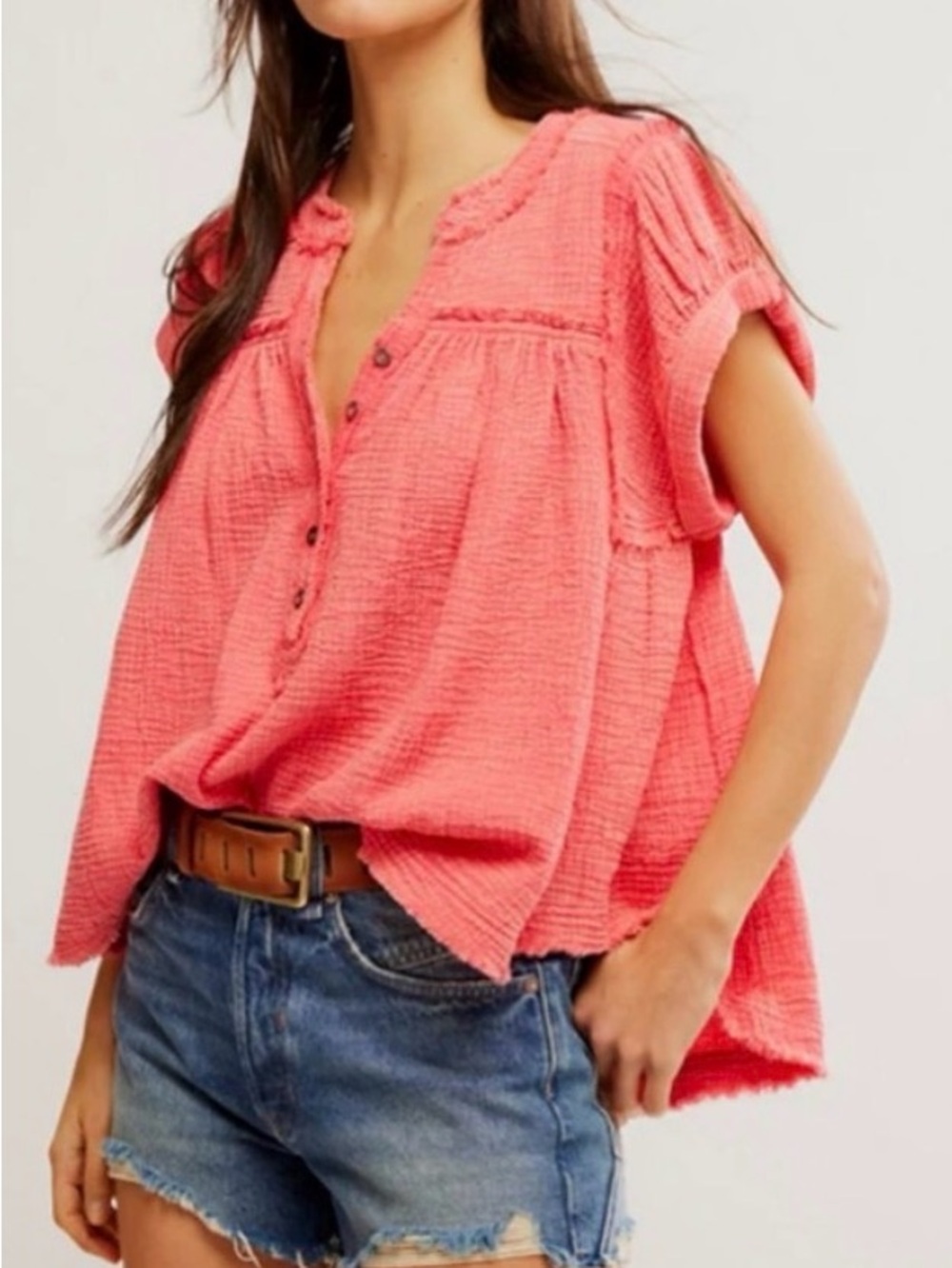 We The Free Coral Button-Front Gauze Tunic
